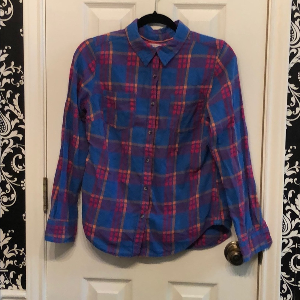 Blue and pink plaid button-down long-sleeve shirt